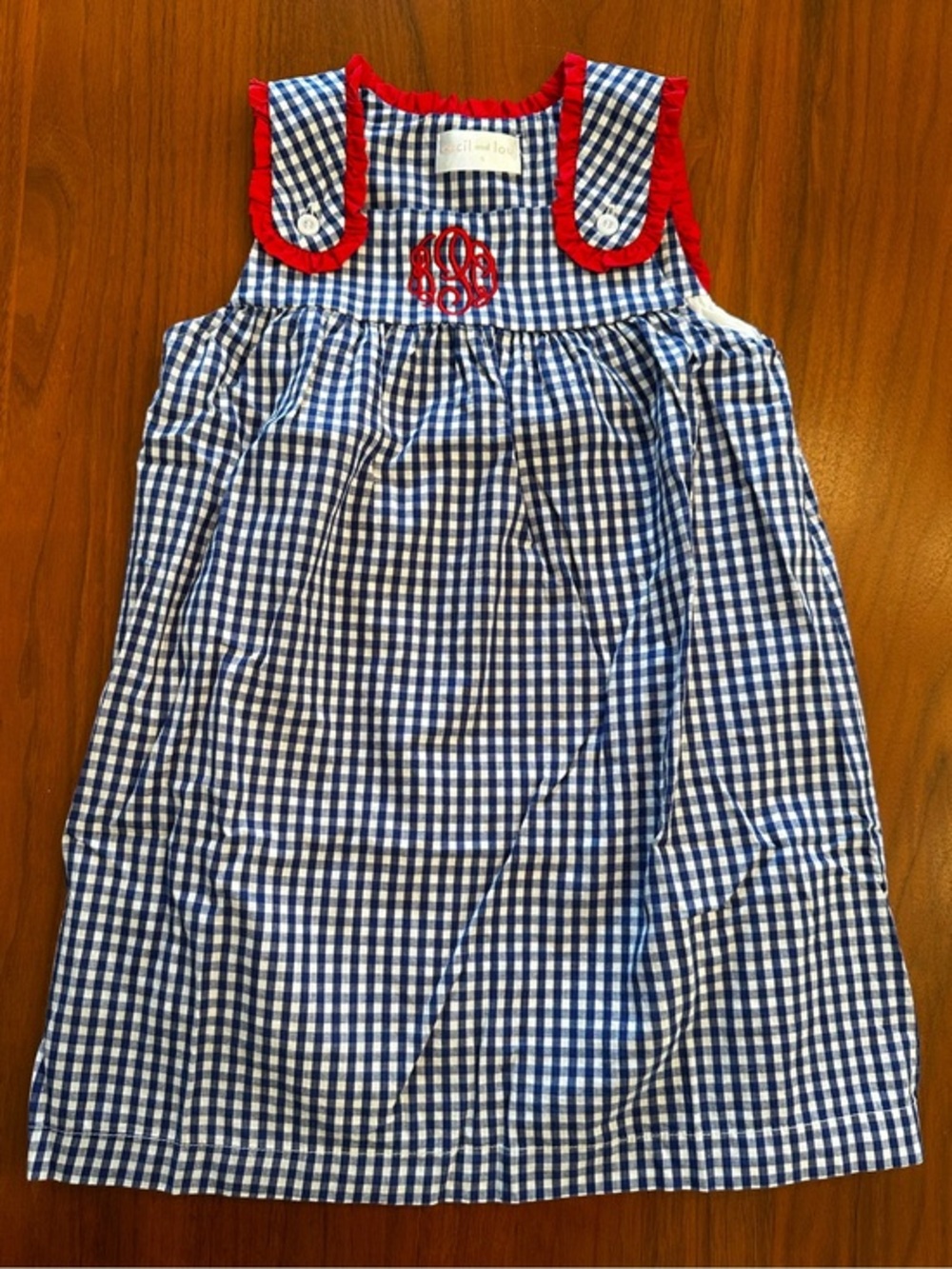 Cecil & Lou Blue Gingham Sleeveless Monogram Dress with Red Trim “bPq” embroider